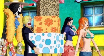 Nami, Robin, Brook und Sanji beim Einkaufsbummel. Natürlich trägt Sanji hilfsbereit alle Pakete... mit Herzen in den Augen