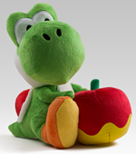 Ein Plüsch-Yoshi mit Apfel in der Hand